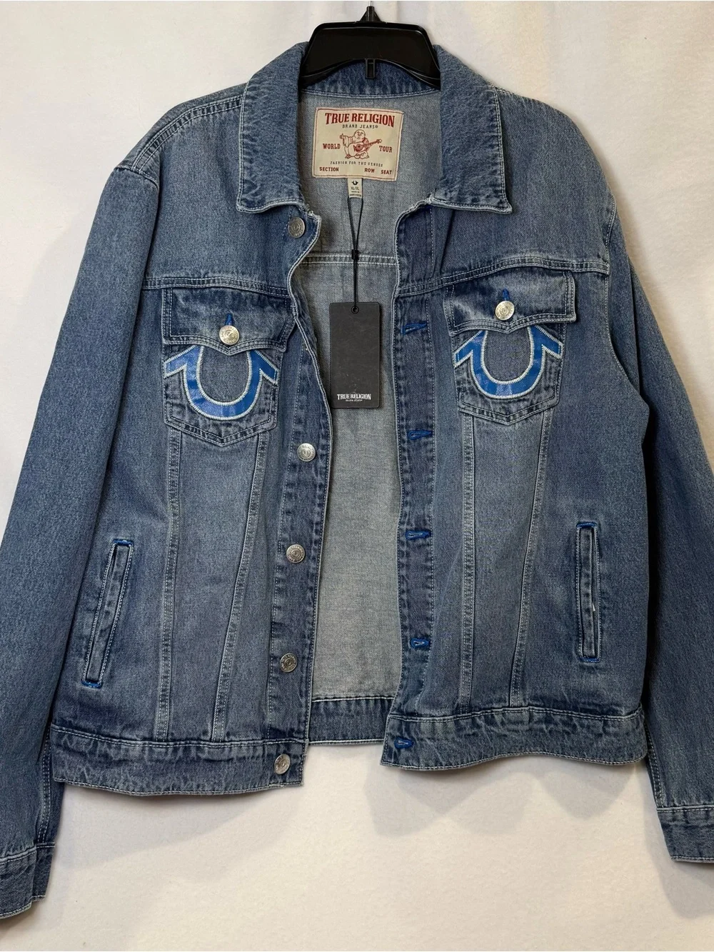 True Religion Light Blue Denim Jacket with Red Logo Patch